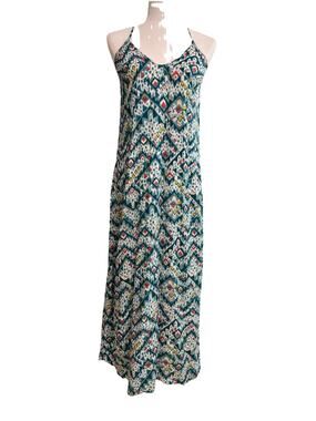 Old Navi V-Neck Maxi Multi Print Dress Womens S Green Abstract Beach Casual